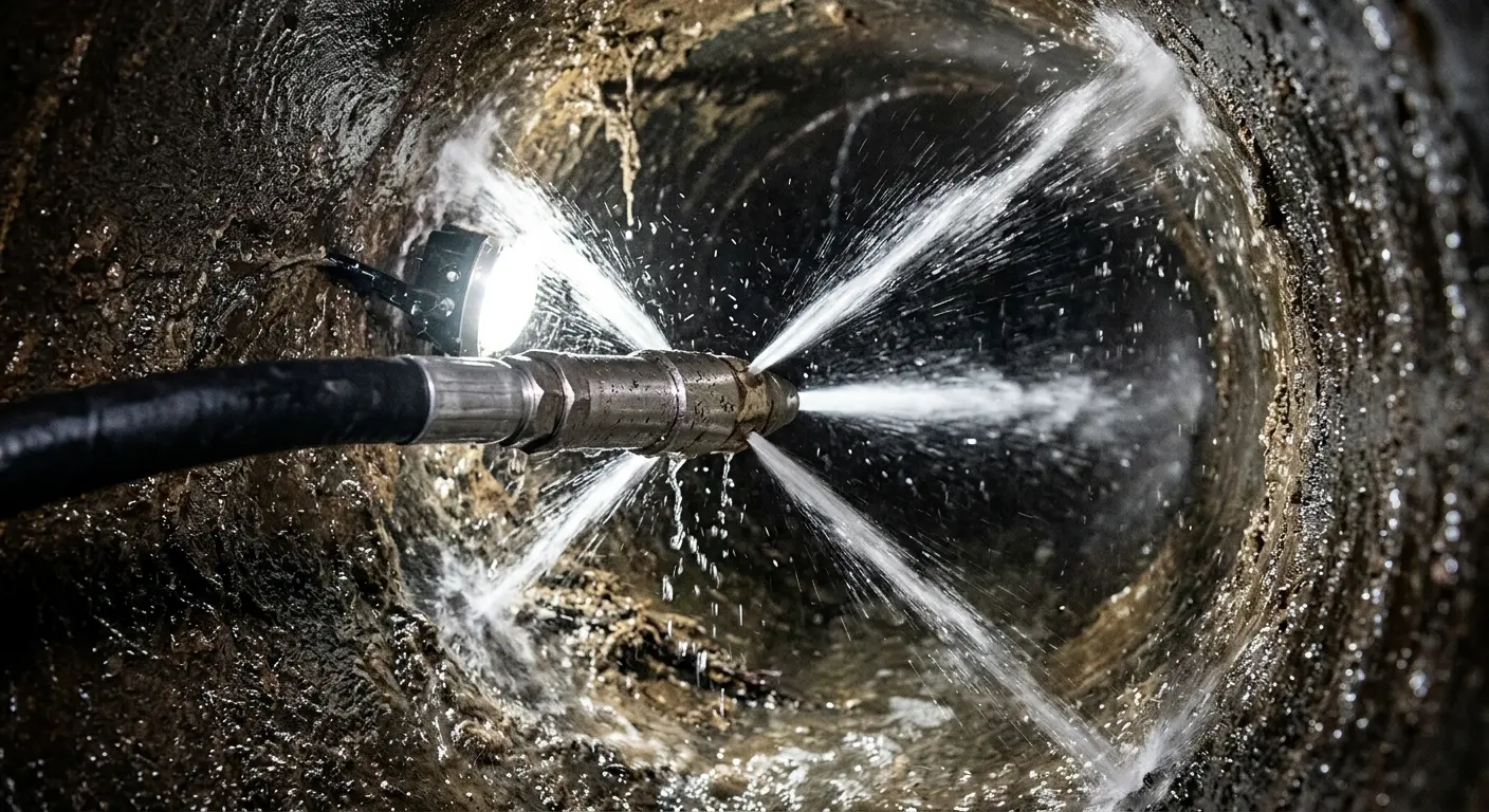 High-pressure hydro jetting nozzle cleaning sewer pipe for Trenchless Sewer Repair in Scotia