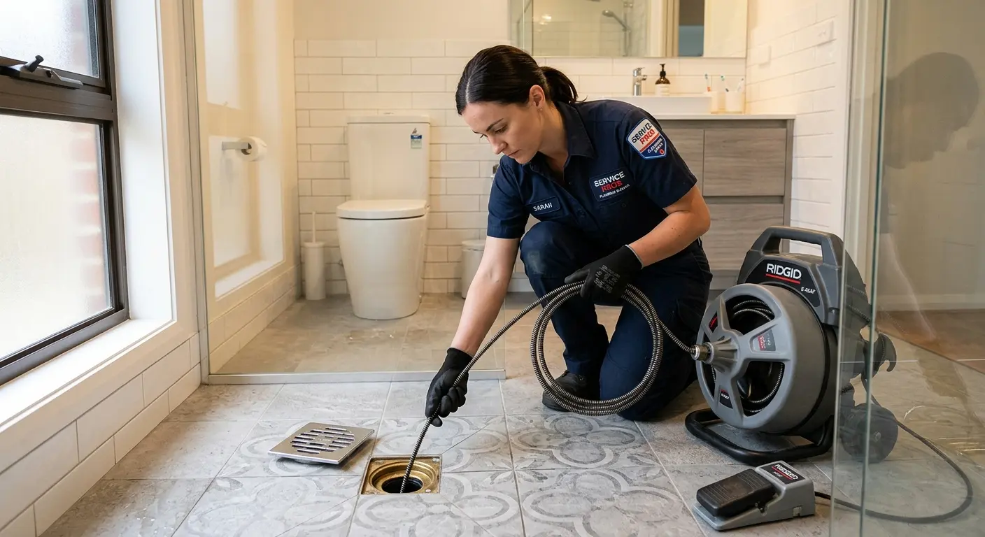 Technician clearing a bathroom floor drain for Hydro Jetting in Scotia